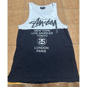 Stussy Cities World Tour Black White Spell Out Tank Top Shirt‎ Sz Small
